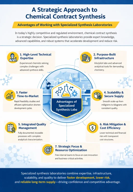 advantages of working with specialised synthesis laboratories - quality, scale, risk, scale-up, experts, faster time to market