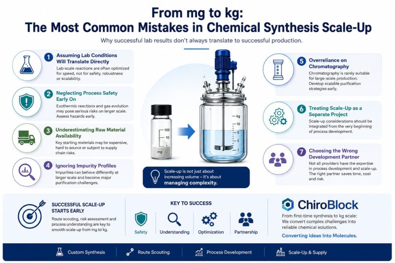 Chemical synthesis scale-up infographic showing common mistakes when moving from milligram to kilogram production, including process safety, impurity control, raw material sourcing, purification strategy, and process development challenges.