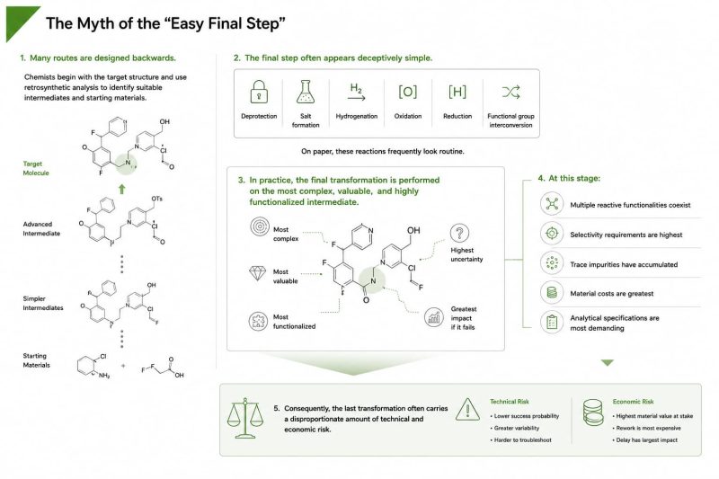 Scientific infographic illustrating why the final step in chemical synthesis is often the highest-risk stage. The graphic explains retrosynthetic planning, common final transformations such as deprotection, hydrogenation, oxidation, reduction and salt formation, and highlights accumulated impurities, selectivity challenges, functional group complexity, analytical requirements and scale-up risks in pharmaceutical API process development.