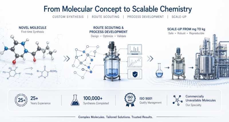 Chemical custom synthesis workflow from first-time synthesis and route scouting to process development and scale-up of commercially unavailable molecules.