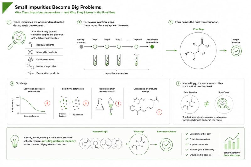 Scientific infographic explaining how trace impurities accumulated during chemical synthesis become critical during the final reaction step. The illustration highlights residual solvents, catalyst residues, isomeric impurities, degradation products and side products that reduce conversion, lower selectivity, complicate purification and generate unexpected by-products during pharmaceutical API process development.