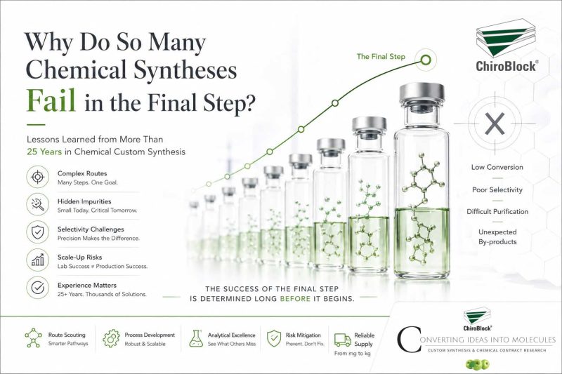 A series of laboratory vials symbolizes the progression of a synthetic route toward the final reaction, where accumulated impurities, selectivity challenges, analytical limitations and scale-up effects converge. The infographic highlights why the success of the final transformation is determined long before the final step begins and emphasizes the importance of route scouting, process development and robust chemical custom synthesis.